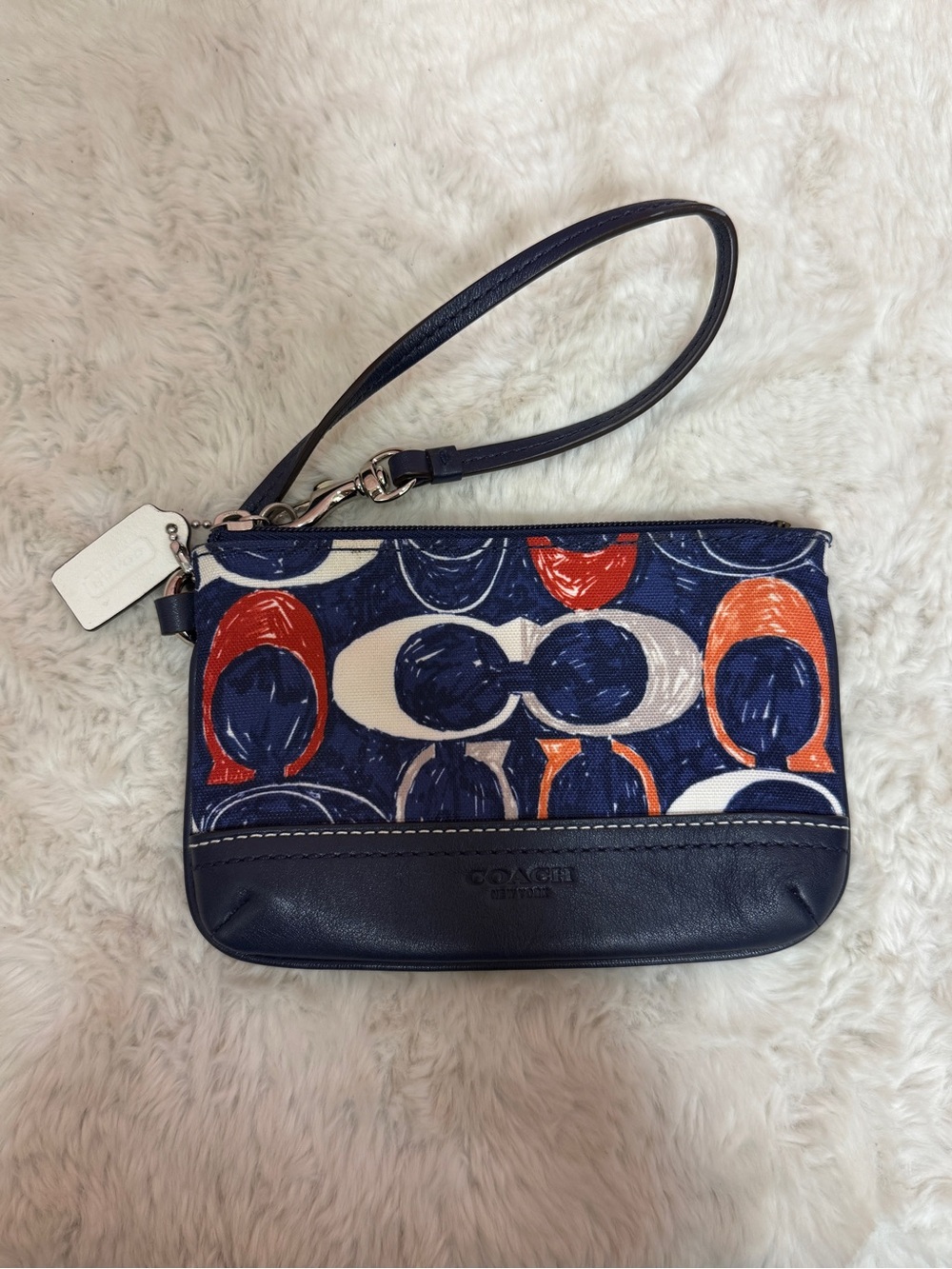 Coach Blue Patterned Canvas Wristlet with Red & White Accents